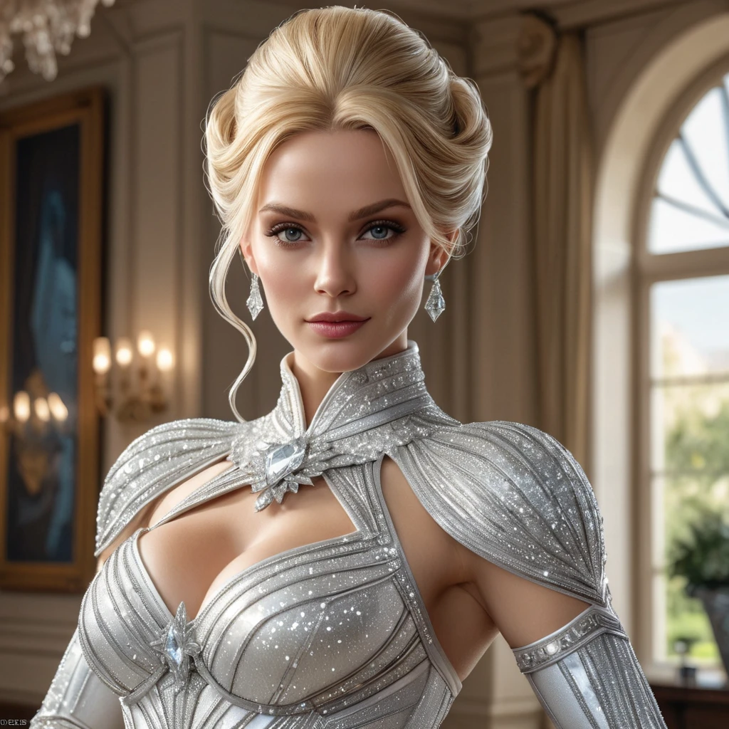 Emma Frost in a sparkling diamond-encrusted costume, her blonde hair styled in an elegant updo, standing in a luxurious mansion