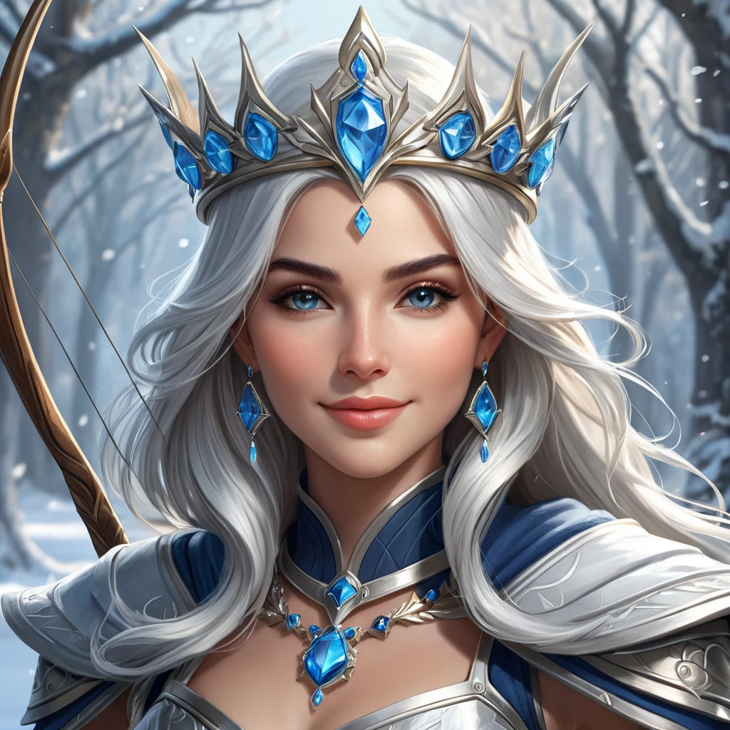 A stunning illustration of Ashe, the Frost Archer, with a regal crown and a gentle smile