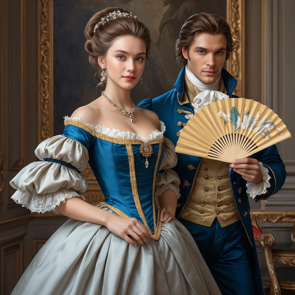 Arno Dorian's sister, Elise, as a French Revolution-era courtesan, with a lavish dress and a fan