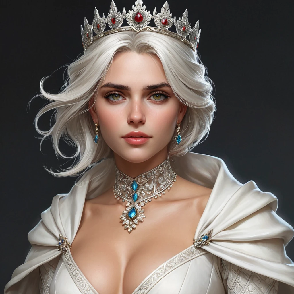 Ciri, the queen, with a regal crown and a flowing white gown