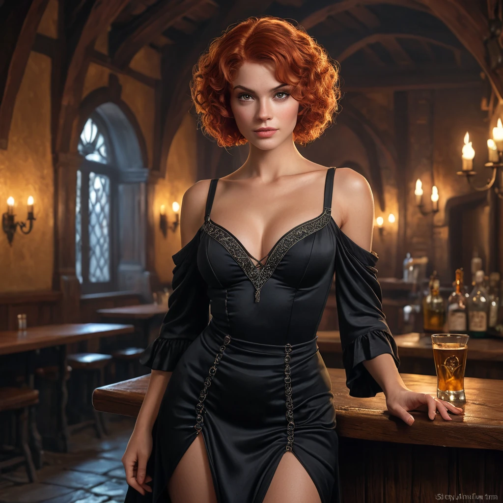 Fringilla Vigo, the cunning and seductive sorceress, with short, curly red hair and a revealing black dress, standing in a dimly lit tavern