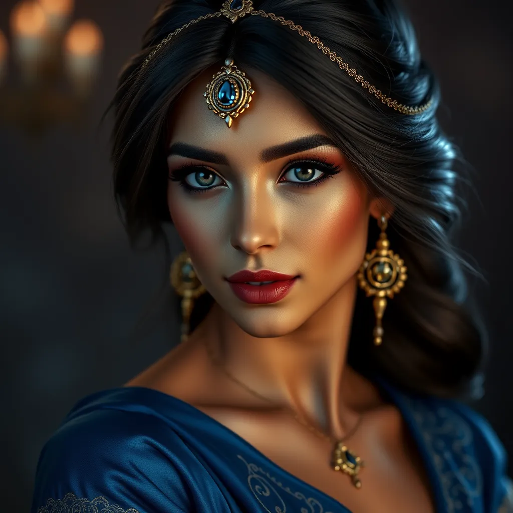 Matte portrait of the beautiful Princess Jasmine in dark blue