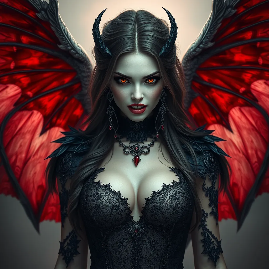 A beautiful winged romanian vampire woman with fangs, red eyes