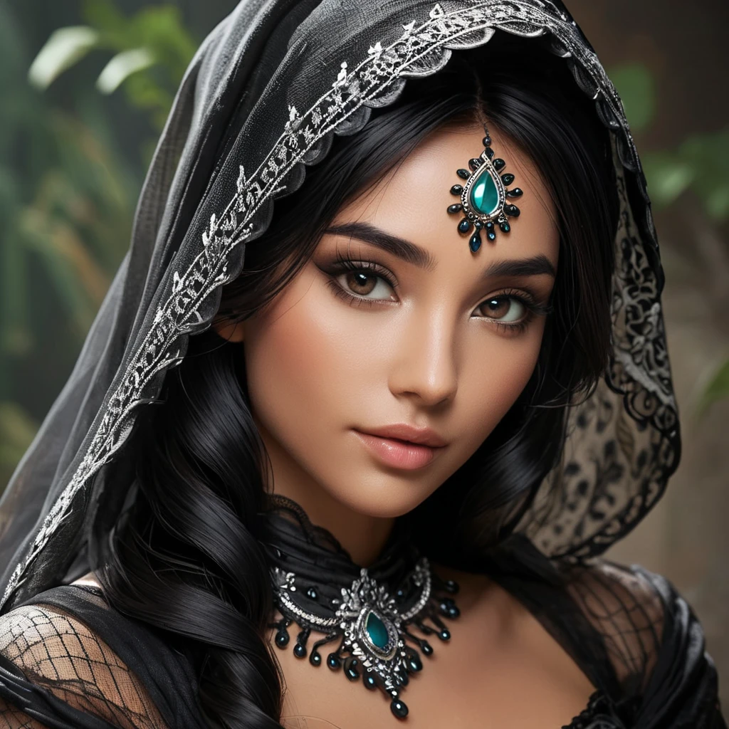 A beautiful veiled Nidalee wearing a lacy black veil, perfect face