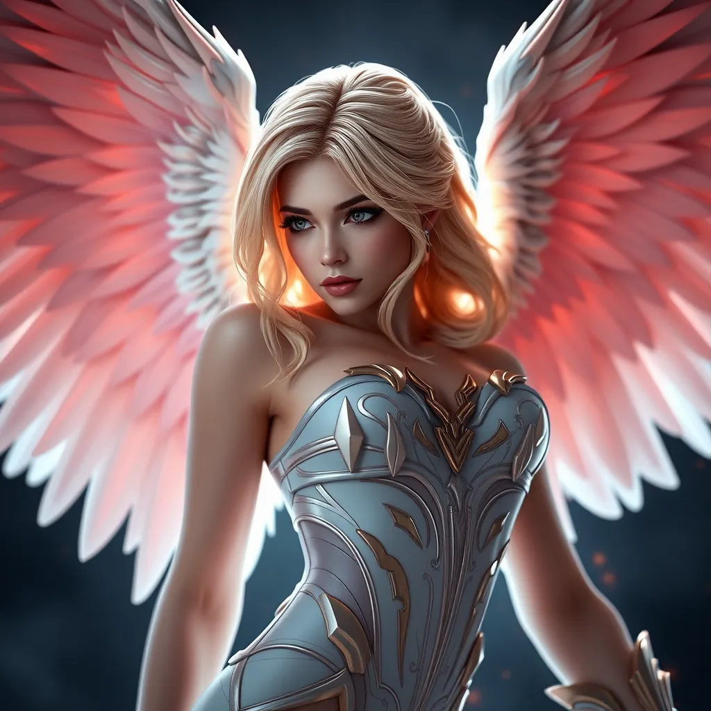 Alluring portrait of an angelic winged Kayle from League of Legends