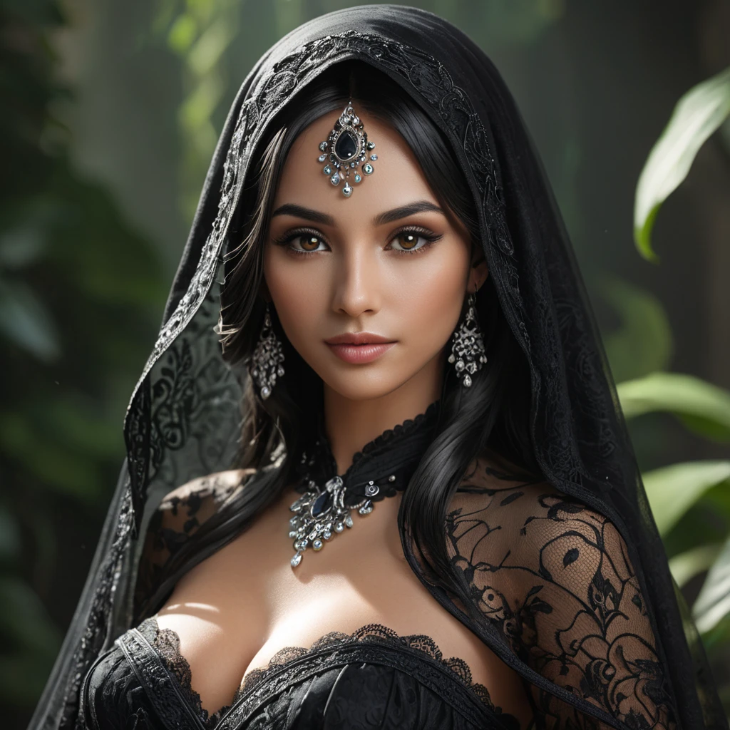 A beautiful veiled Nidalee wearing a lacy black veil, perfect face