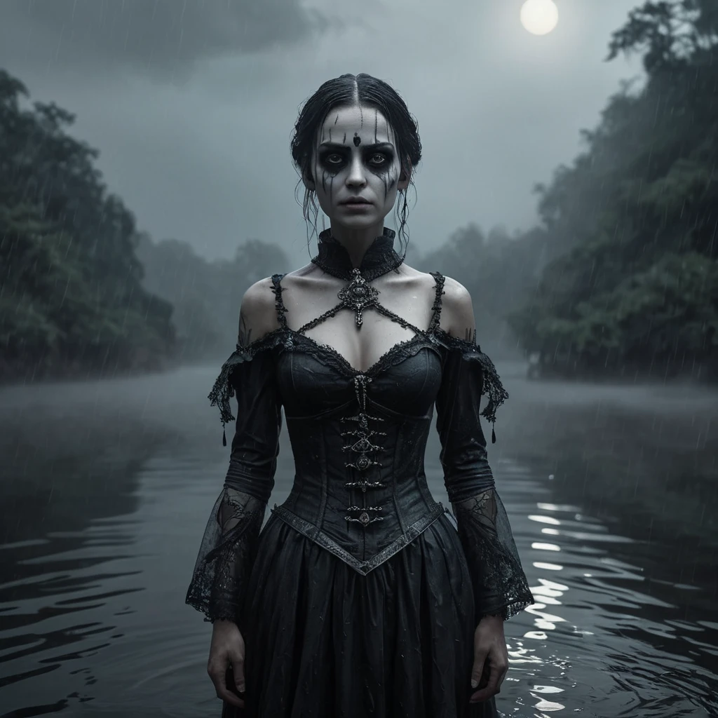 The frightening La Yorona with black eyes on her shoulder stands in a dark lake. Mist. Rain.