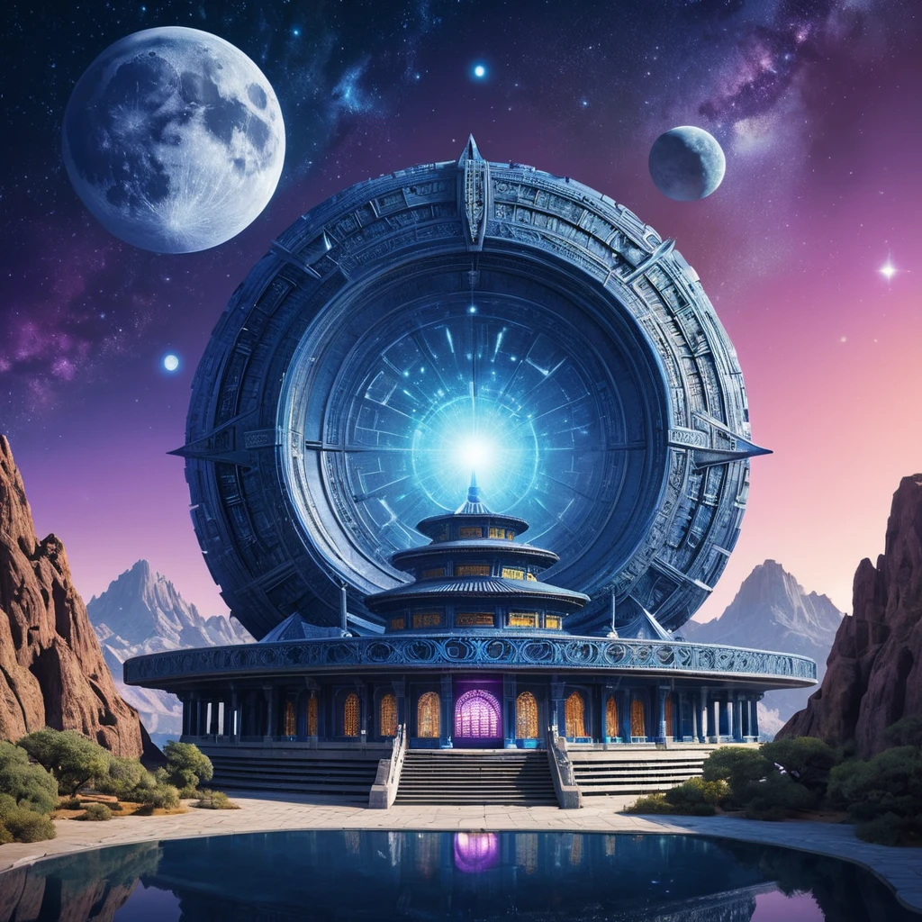 Cosmic round beautiful indigo temple in the center of a futuristic community. Extraterrestrial landscape. Planet sirius. The moon and stars can be seen in the sky even during the day.