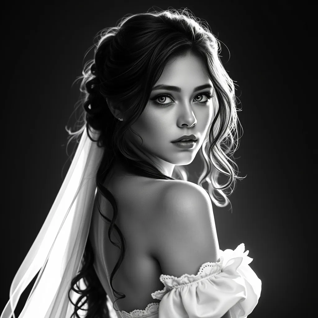 Alluring black and white matte portrait of a beautiful Yennefer with a white background in a white dress