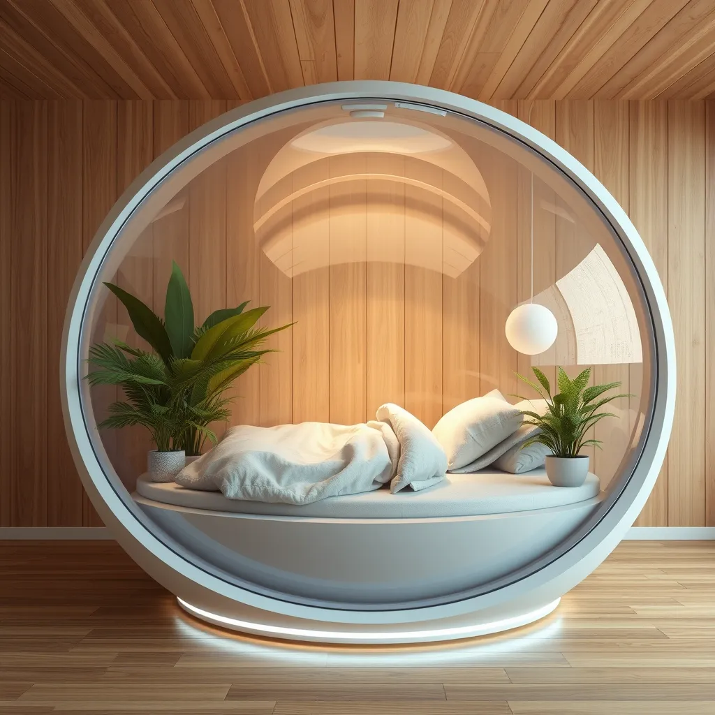 Futuristic sleeping relax pod, transparent orb, plants, natural daytime lighting, natural wooden environment, flat design, product-view