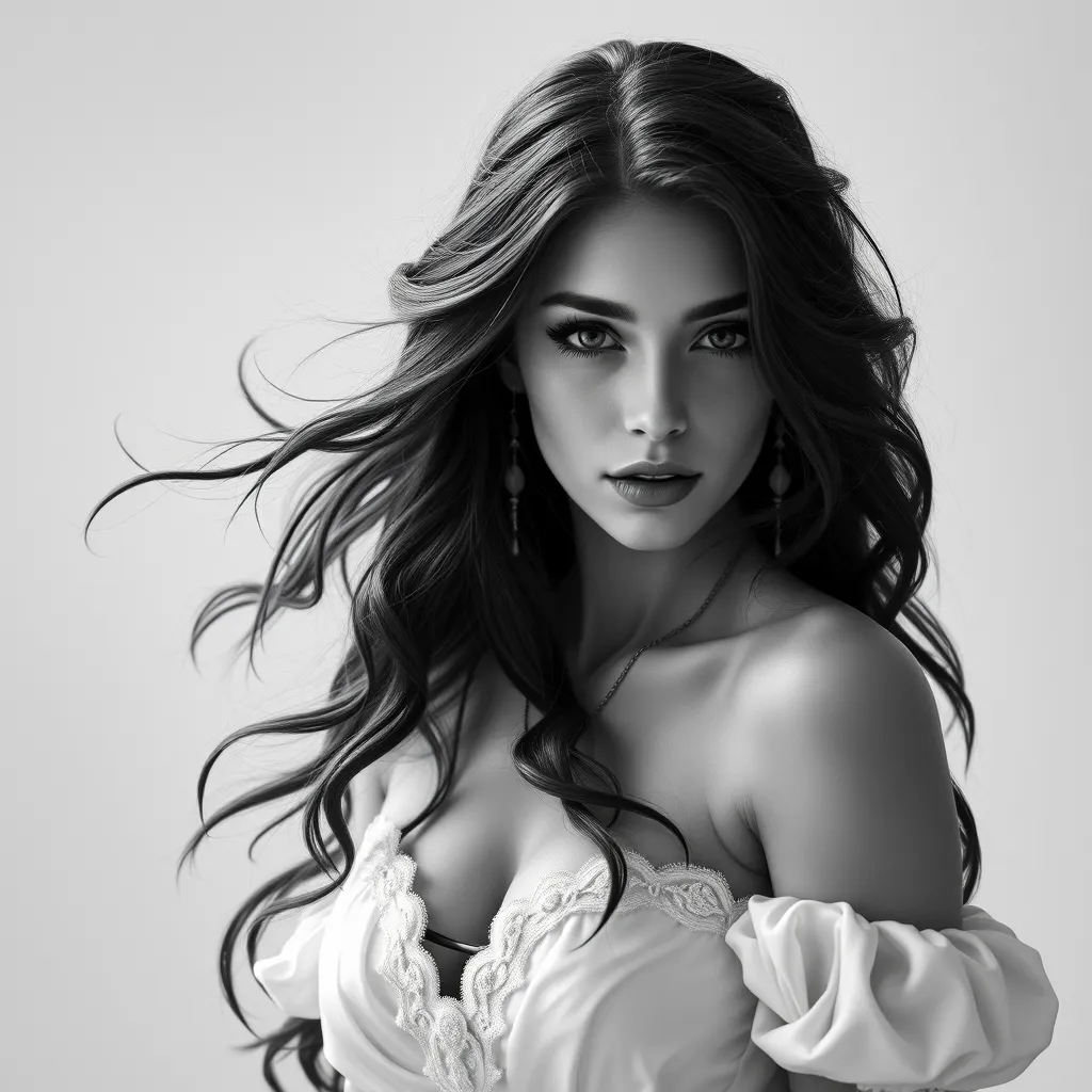 Alluring black and white matte portrait of a beautiful Yennefer with a white background in a white dress