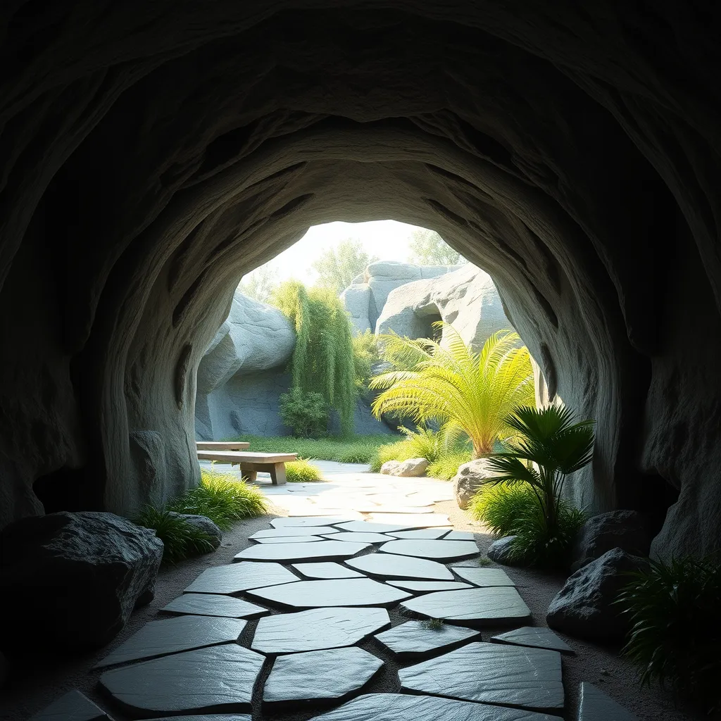 Arc hallway for secret overwatch habitation quarters carved inside a cave surrounding a lush garden