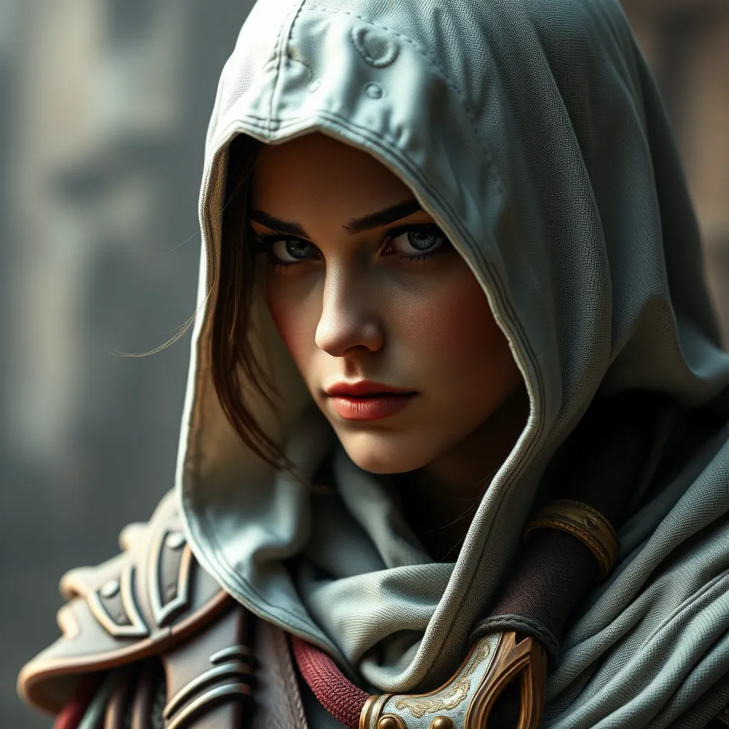 A beautiful Kassandra wearing a white hood in full Assassin's Creed style