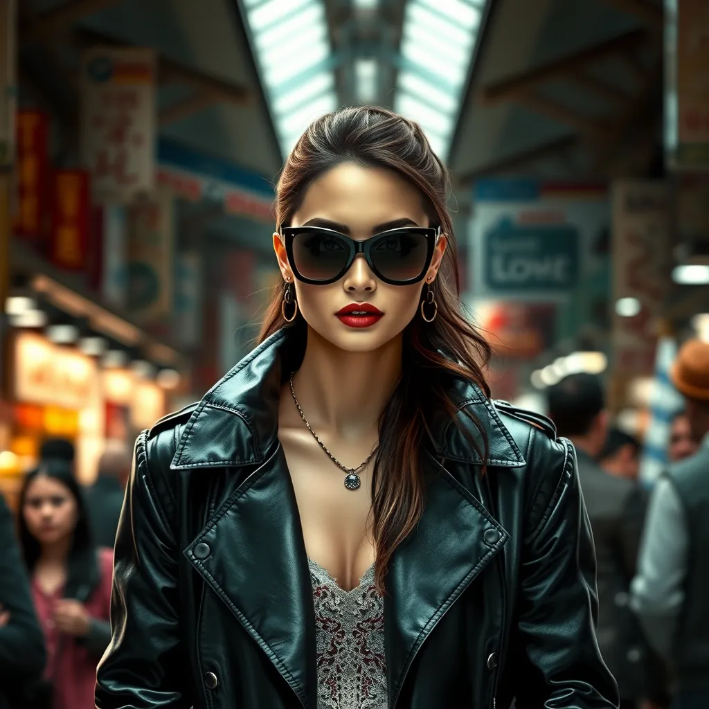 A stunning and enigmatic woman in a black leather trench coat and sunglasses walks through a crowded street market, her eyes hidden behind her mask and her presence commanding attention.