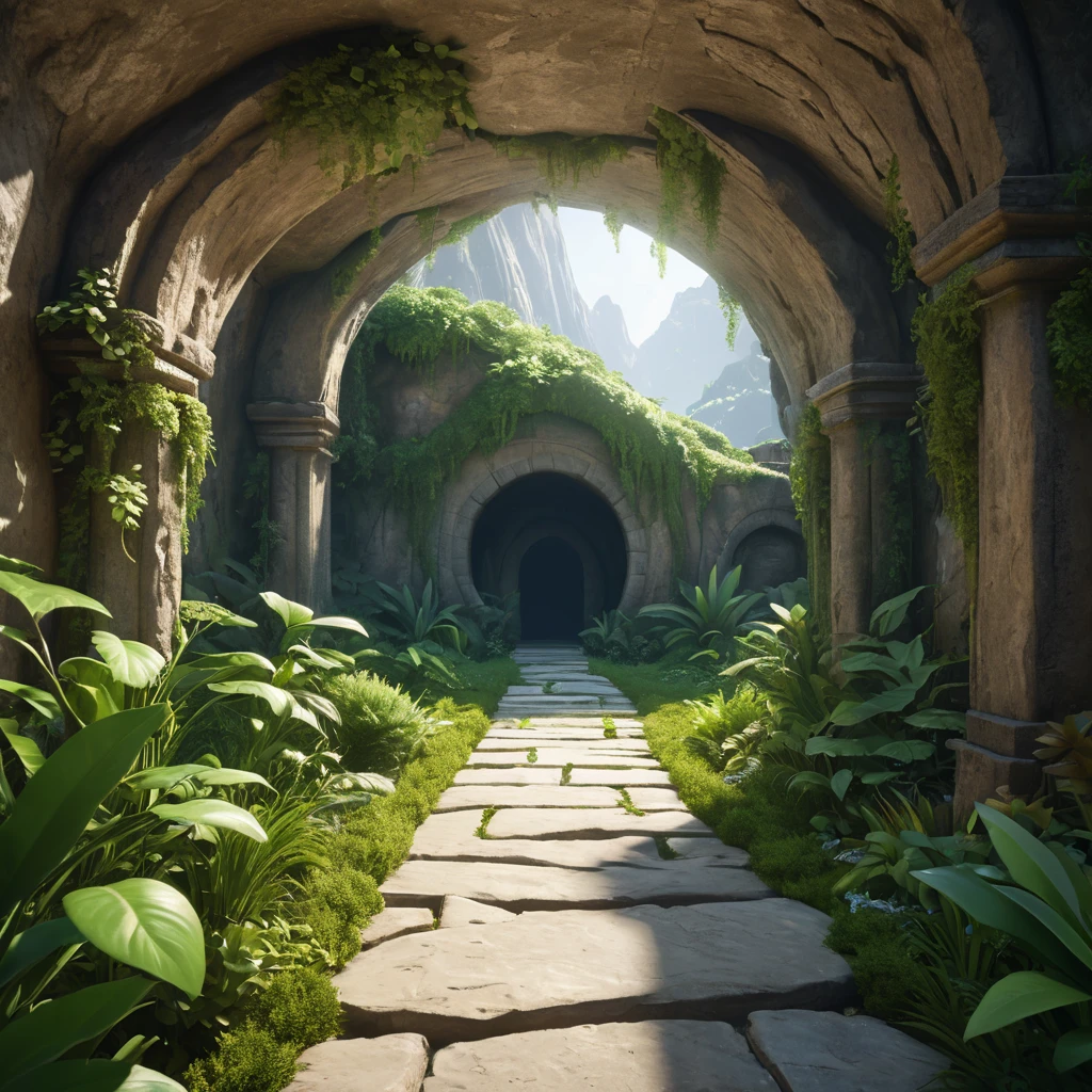 Arc hallway for secret overwatch habitation quarters carved inside a cave surrounding a lush garden