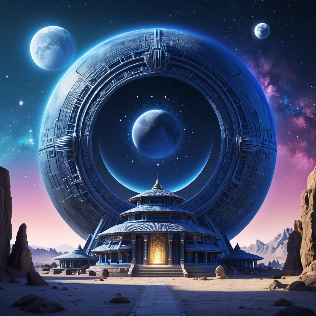 Cosmic round beautiful indigo temple in the center of a futuristic community. Extraterrestrial landscape. Planet sirius. The moon and stars can be seen in the sky even during the day.