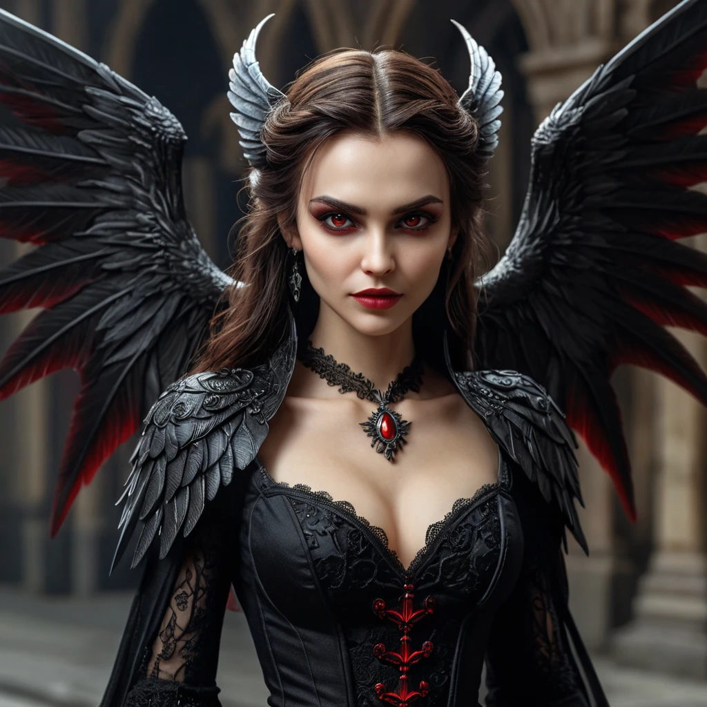 A beautiful winged romanian vampire woman with fangs, red eyes