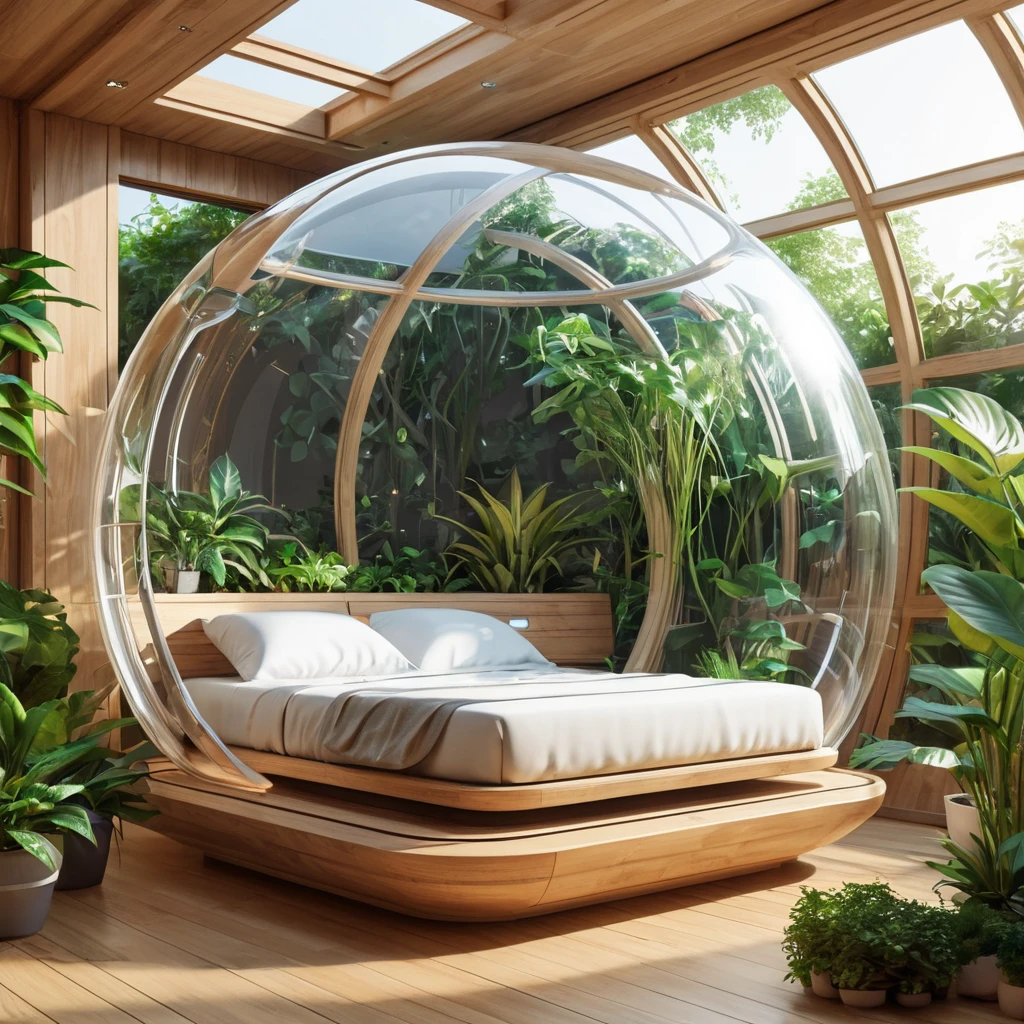 Futuristic sleeping relax pod, transparent orb, plants, natural daytime lighting, natural wooden environment, flat design, product-view