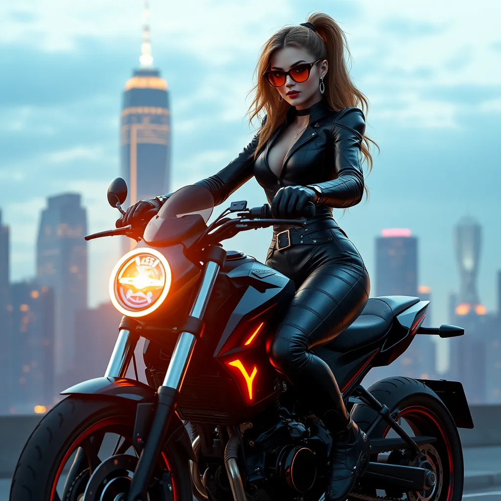 A futuristic biker chick in a sleek black leather jumpsuit rides a neon-lit motorcycle through a cityscape at dusk, the skyscrapers towering above her.