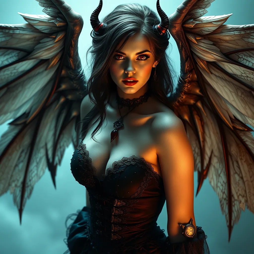 A beautiful winged romanian vampire woman with fangs, red eyes