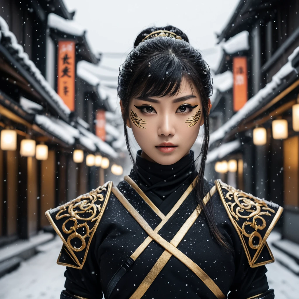 A mysterious beautiful black and gold kunoichi ninja wearing eyeliner and jewelery in the streets of a dark snowy town in tokyo, fluid motion