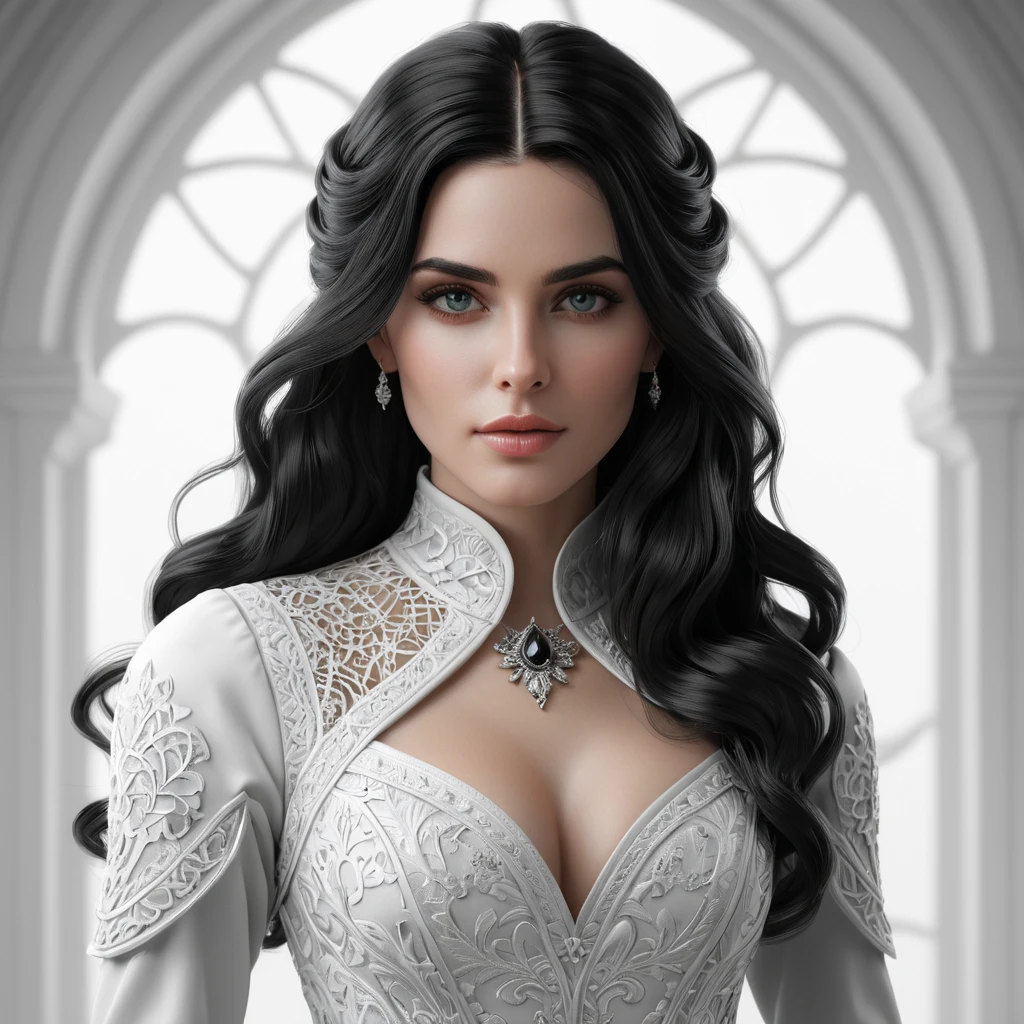 Alluring black and white matte portrait of a beautiful Yennefer with a white background in a white dress