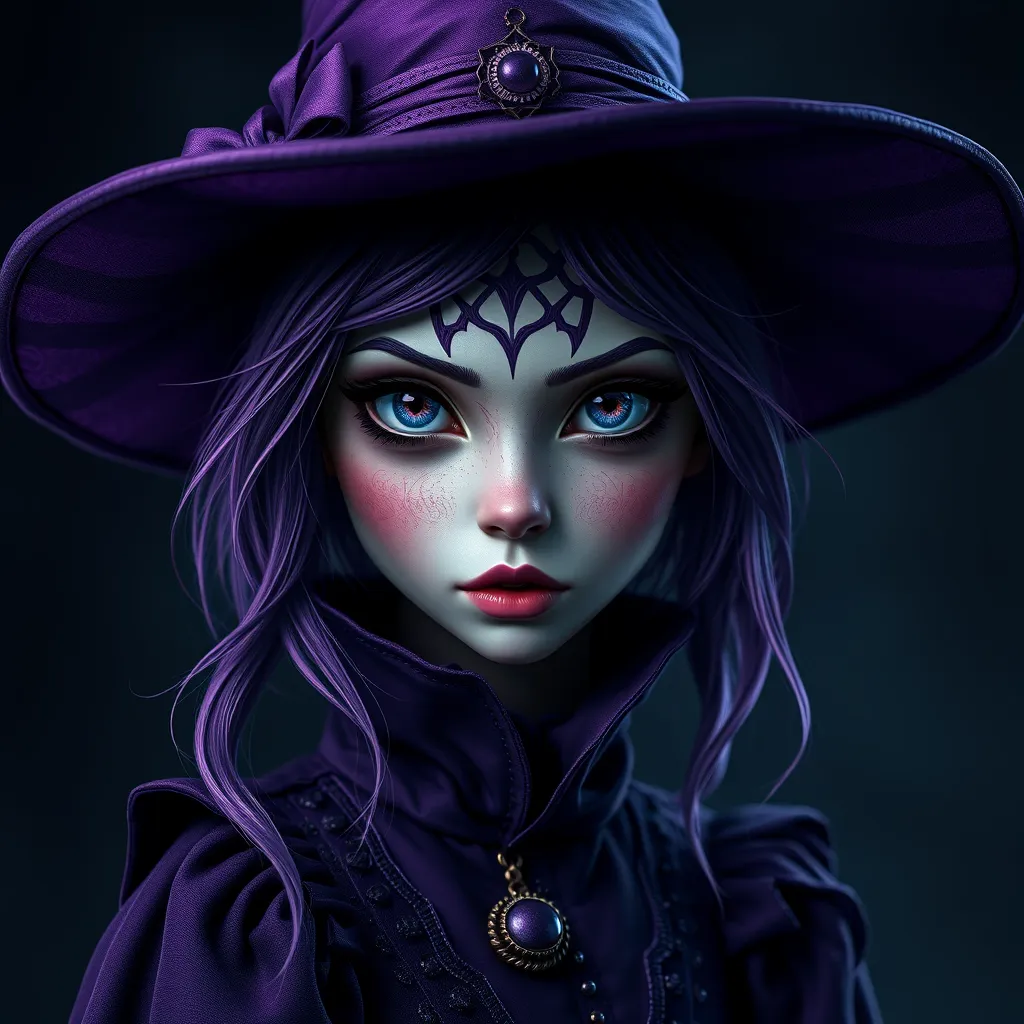 Matte portrait of a mysterious kiki the witch in purple