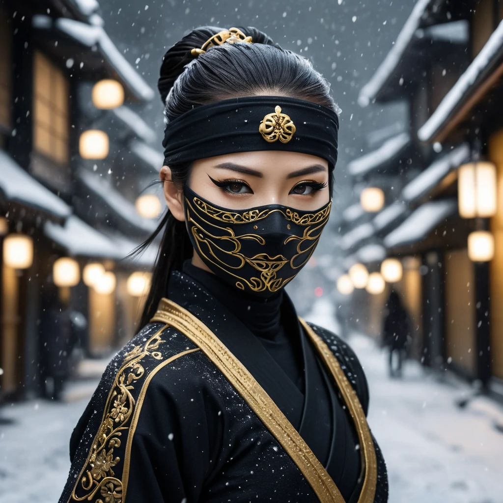 A mysterious beautiful black and gold kunoichi ninja wearing eyeliner and jewelery in the streets of a dark snowy town in tokyo, fluid motion