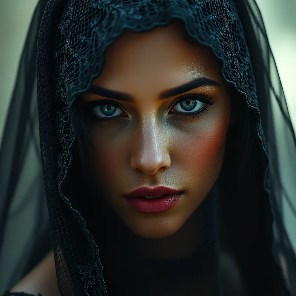 A beautiful veiled Nidalee wearing a lacy black veil, perfect face