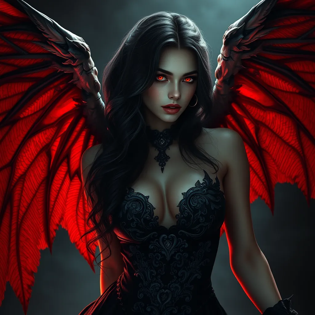 A beautiful winged romanian vampire woman with fangs, red eyes