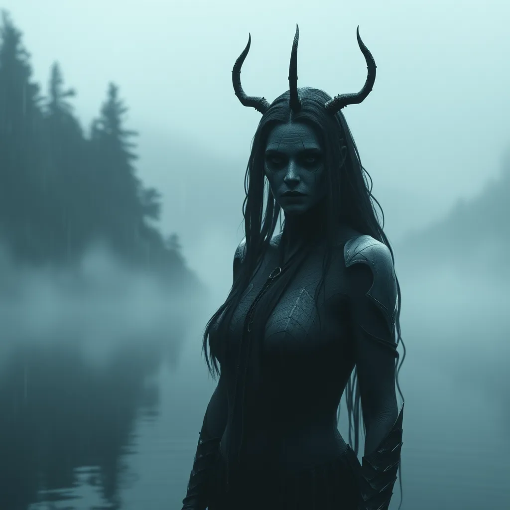 The frightening La Yorona with black eyes on her shoulder stands in a dark lake. Mist. Rain.