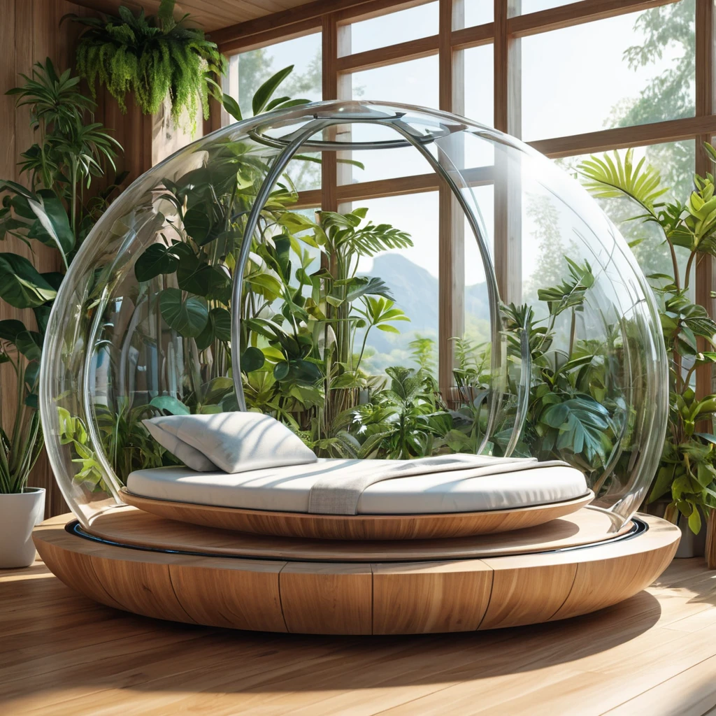 Futuristic sleeping relax pod, transparent orb, plants, natural daytime lighting, natural wooden environment, flat design, product-view