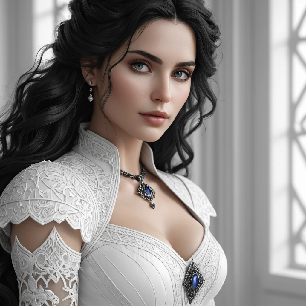 Alluring black and white matte portrait of a beautiful Yennefer with a white background in a white dress