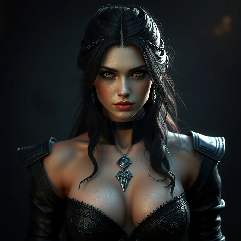 Alluring matte portrait of the beautiful Yennefer from the Witcher 3 in black leather