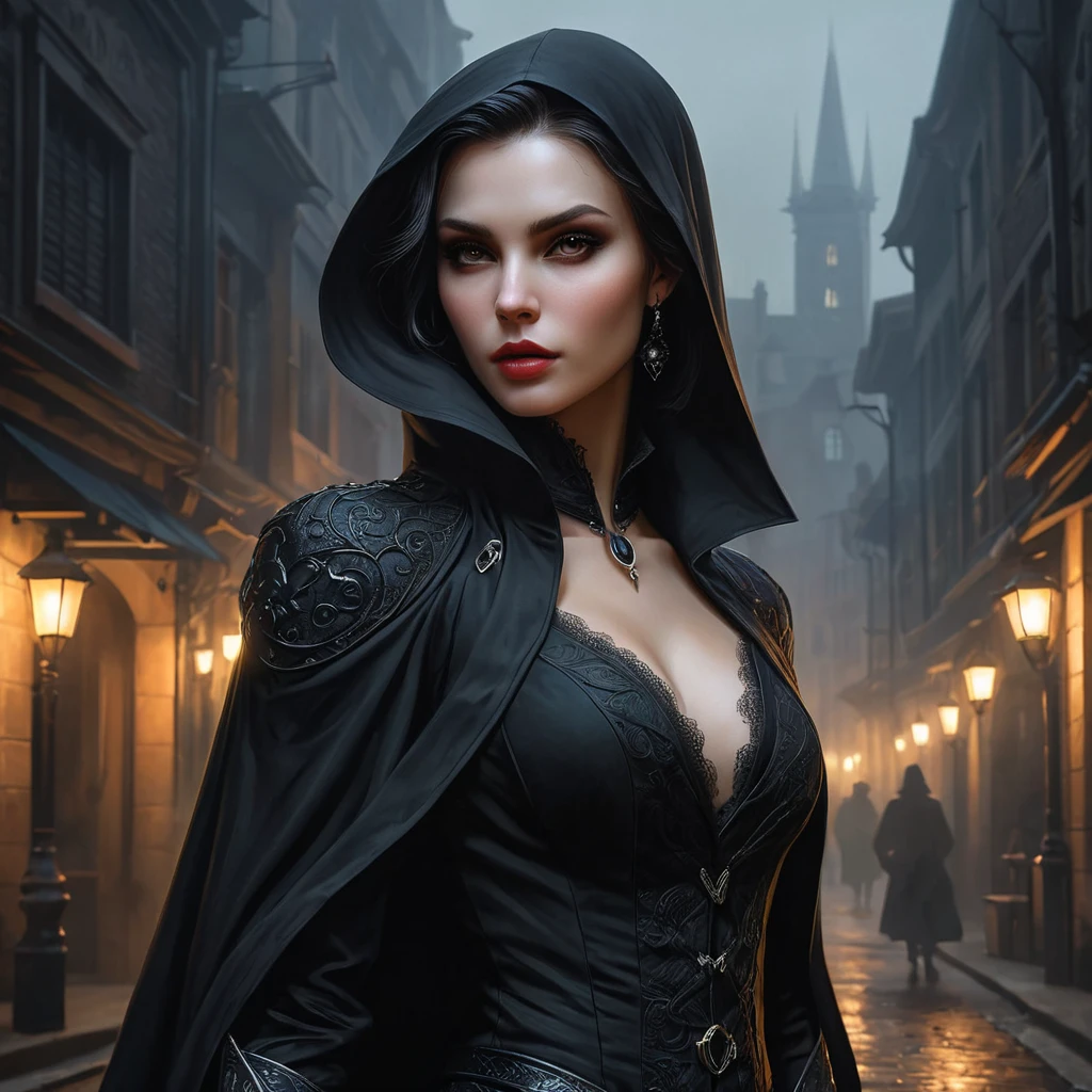 A mysterious, shadowy vampire assassin with skin as dark as coal and eyes that glow like lanterns in the night, lurking in the alleys of a fog-shrouded city.