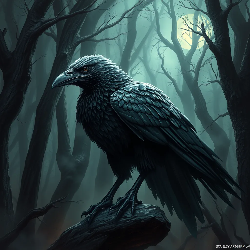 Raven in a haunted forest