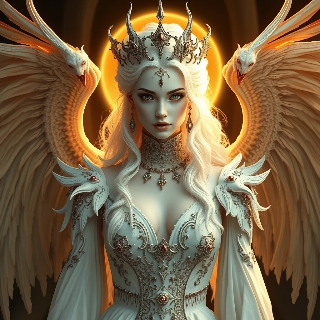 A beautiful, otherworldly vampire queen with skin as pale as snow and hair as bright as the golden sun, surrounded by a retinue of ghostly, winged attendants.