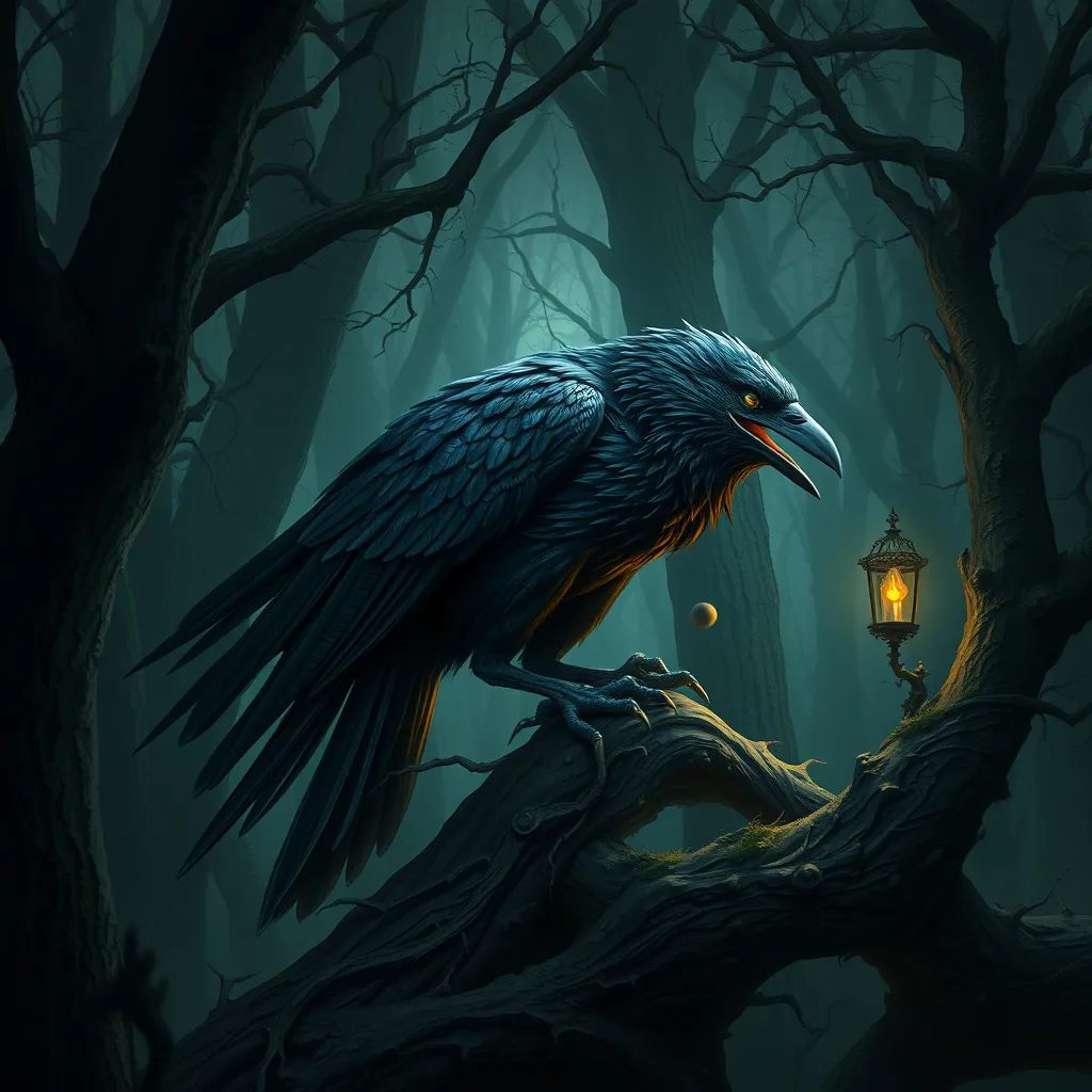 Raven in a haunted forest