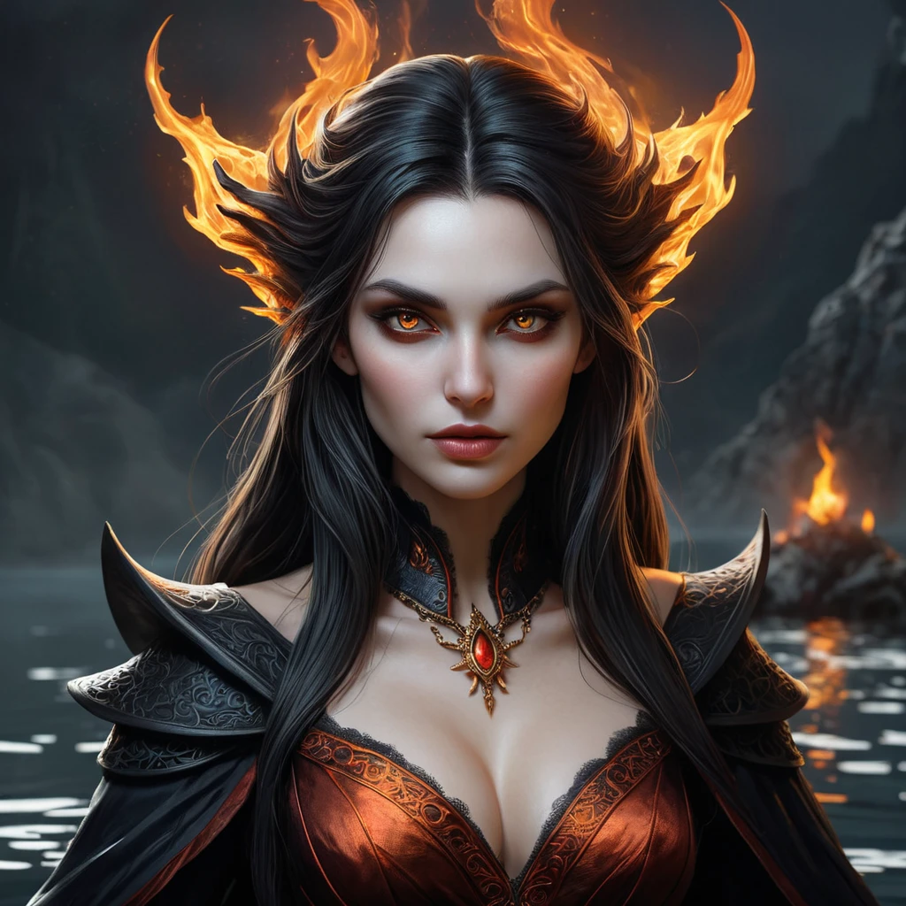 A powerful, ancient vampire sorceress with eyes that burn like embers and skin that seems to shift and ripple like the surface of a dark, mystical lake.