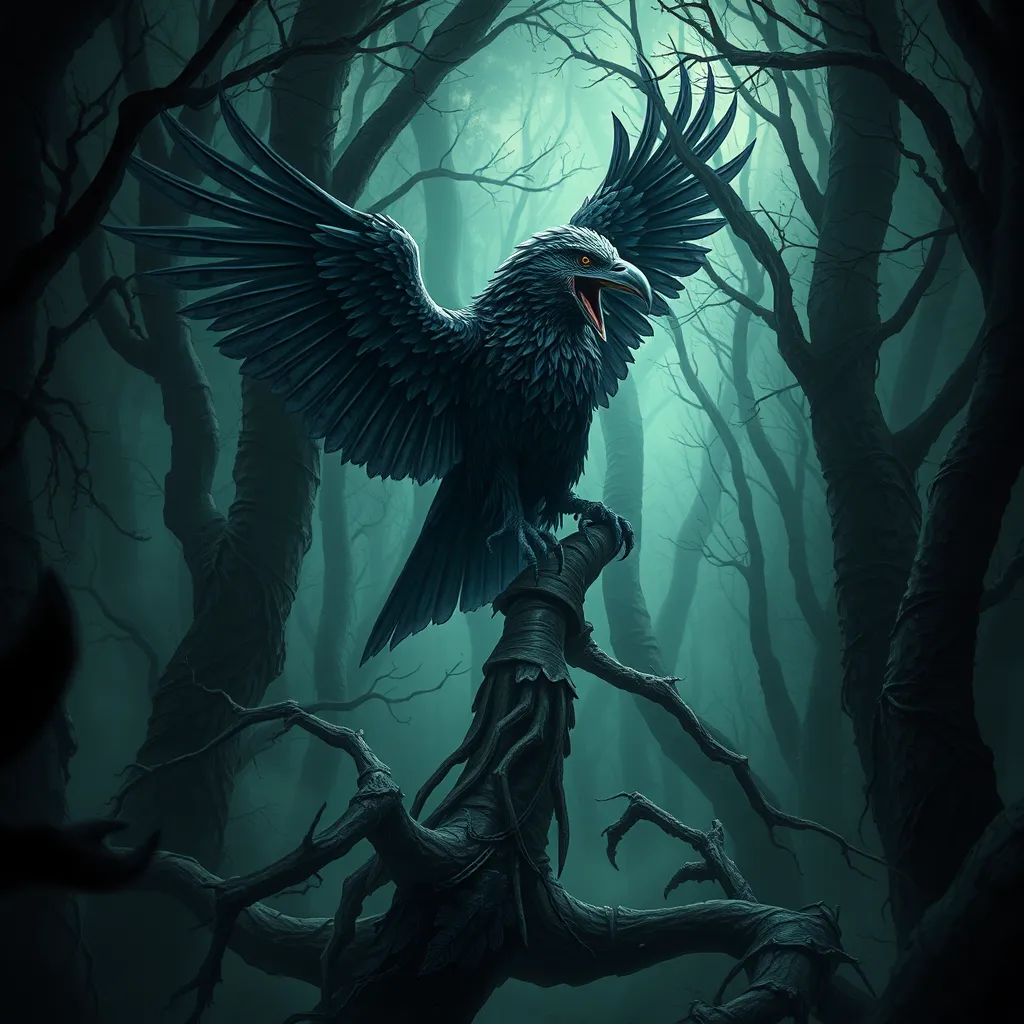 Raven in a haunted forest