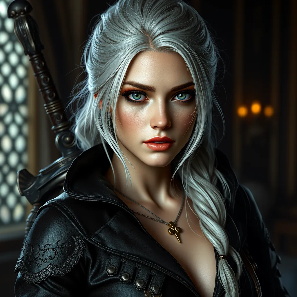 Alluring matte portrait of the beautiful Ciri from the Witcher 3 in black leather