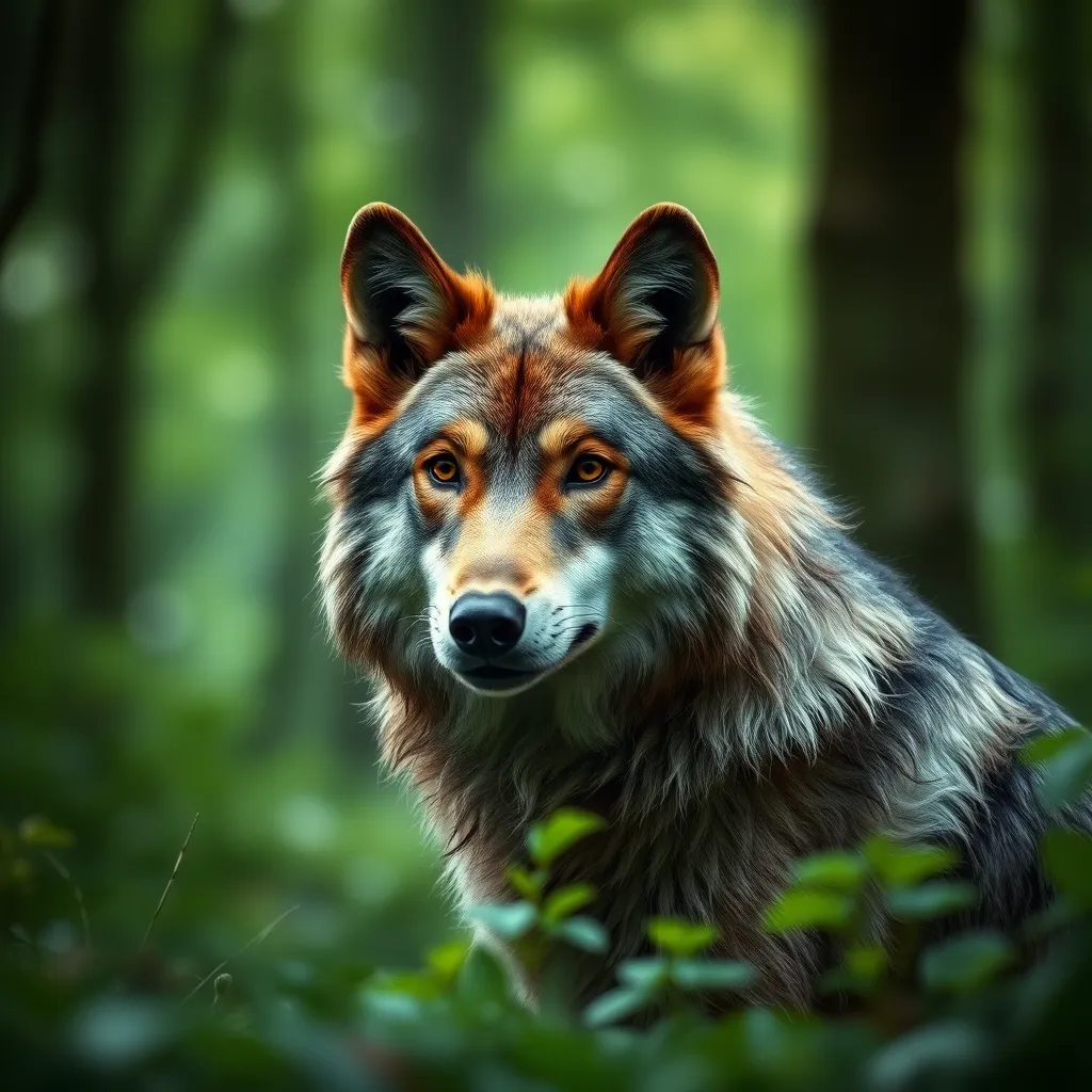 A wolf in a green magical forest