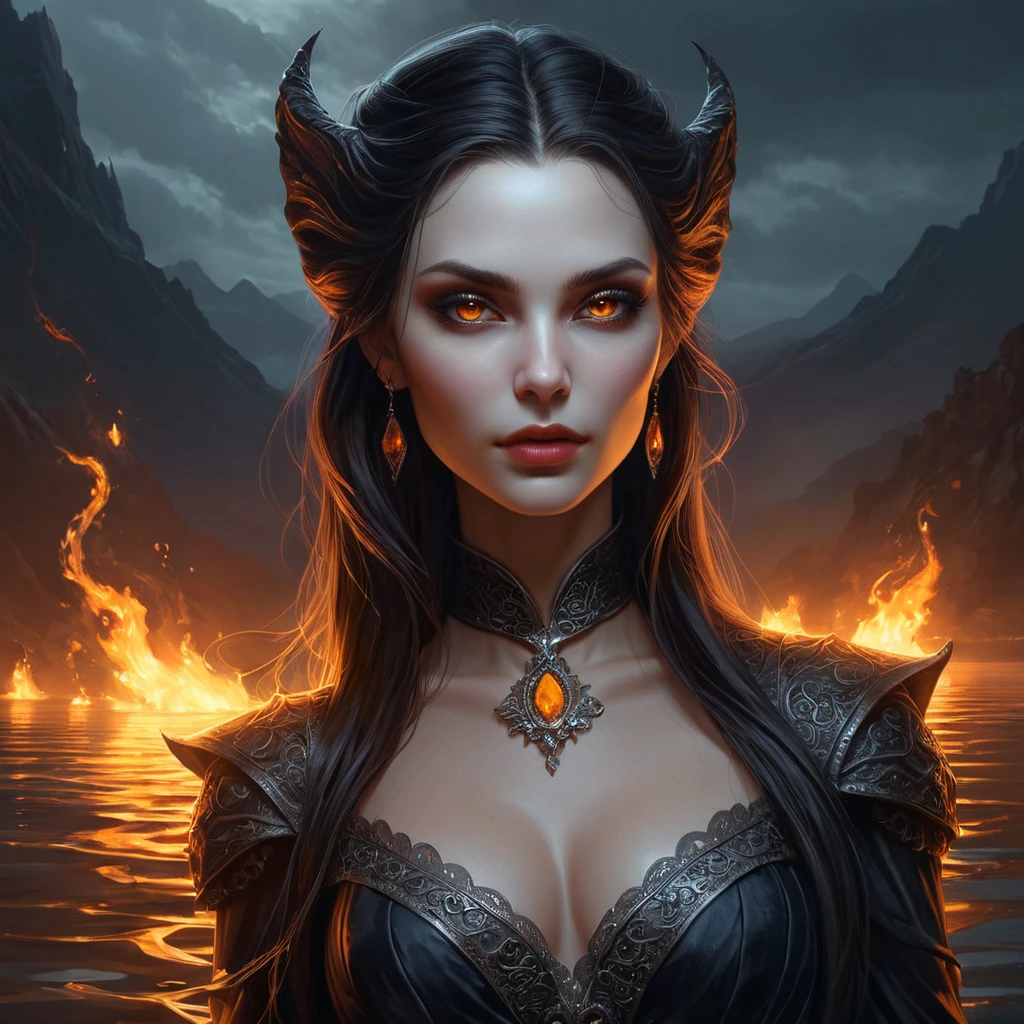 A powerful, ancient vampire sorceress with eyes that burn like embers and skin that seems to shift and ripple like the surface of a dark, mystical lake.