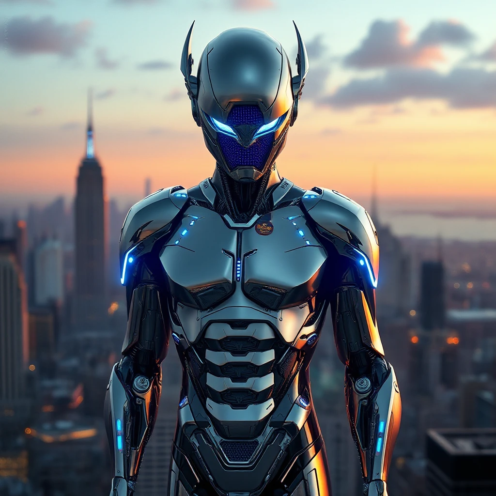 A stunning, futuristic vampire cyborg with skin that shimmers like the surface of a chrome-plated mirror and eyes that glow like hot blue LEDs, standing atop a skyscraper at dawn.