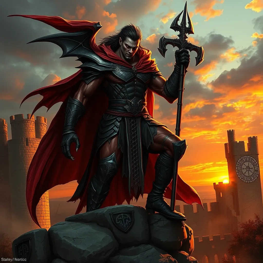 A fierce, battle-hardened vampire warrior with skin as tough as leather and eyes that blaze like hot coals, standing atop a ruined castle wall at sunset.