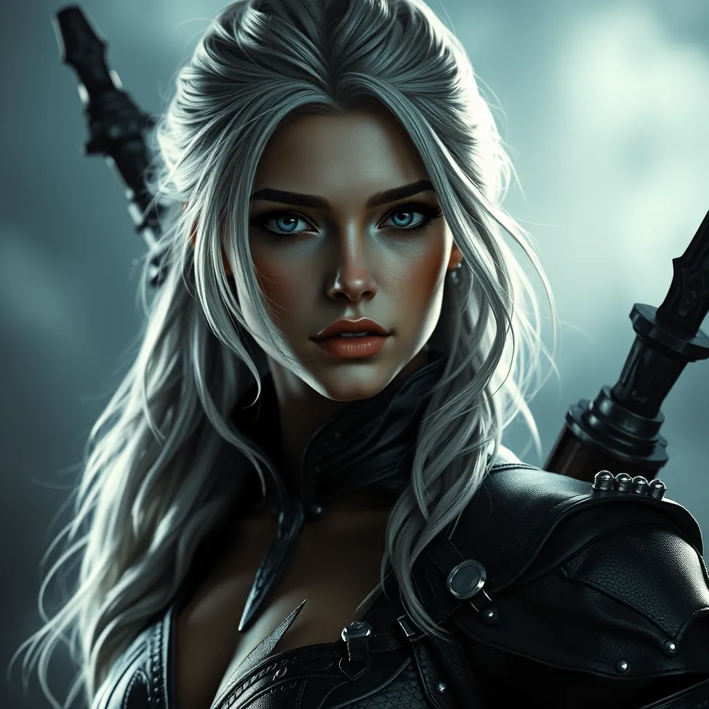 Alluring matte portrait of the beautiful Ciri from the Witcher 3 in black leather