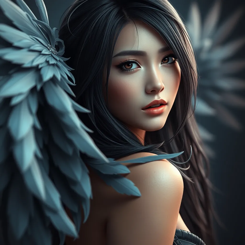 Alluring matte portrait of a beautiful Tifa Lockhart wearing feathers