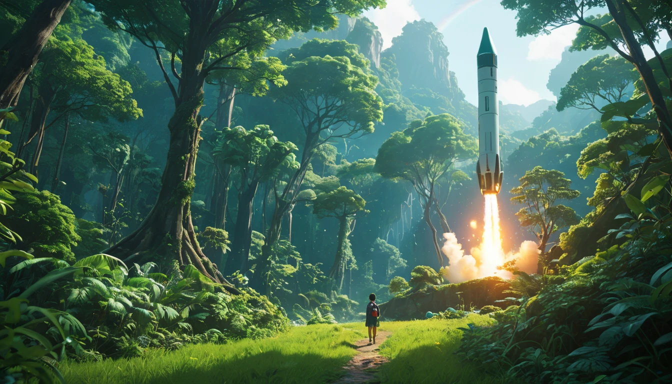 Studio ghibli, rocket explosion, jungle, solar, green technology, optimist future