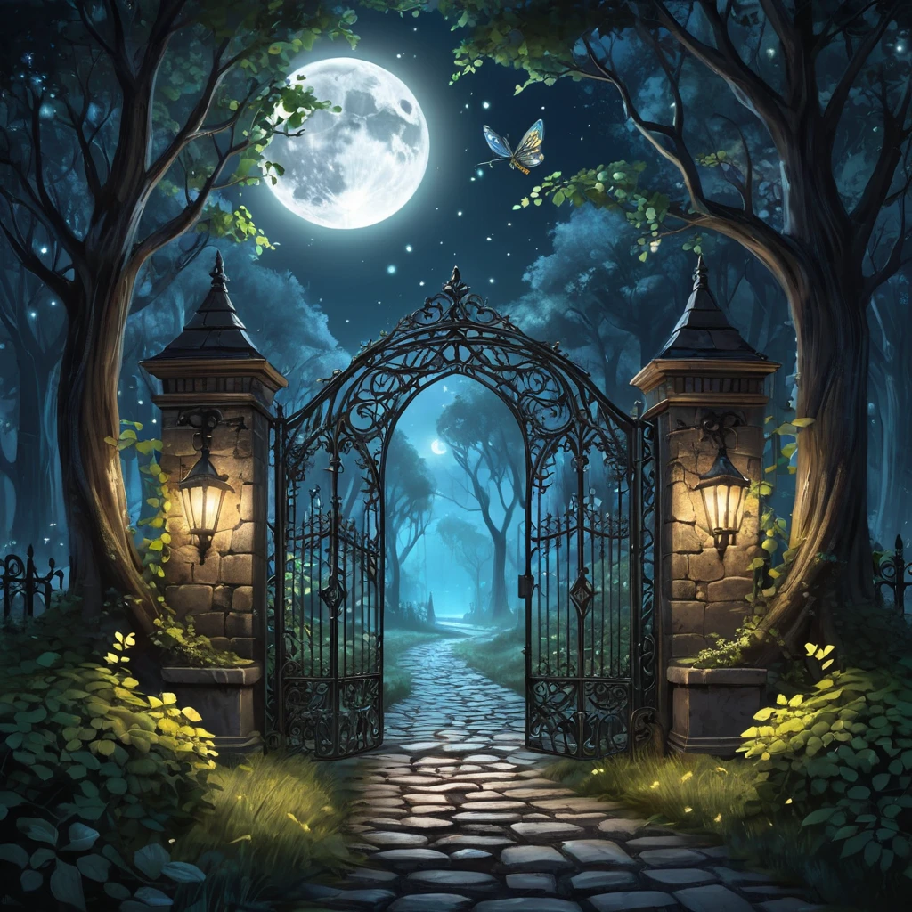 A beautiful digital illustration painting of a detailed gothic fantasy fireflies forest trees and iron gate cobblestone pathway vines full moon