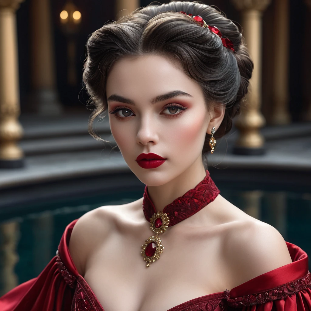 A sensual, 19th-century-inspired vampire courtesan with a ruby-red lip and a gown that seems to shimmer and shine like the surface of a still, dark pool.